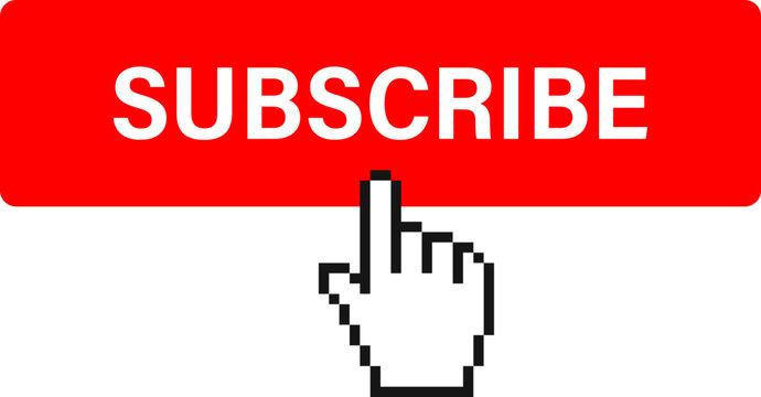 A red button with the word SUBSCRIBE in white letters, and a pixelated cursor hand hovering over it, ready to click