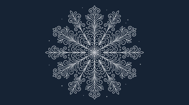 Intricate White Snowflake Pattern Mandala Design on Dark Blue Background