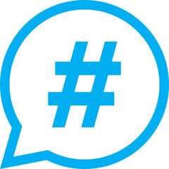 Obraz premium A bright blue hashtag symbol is prominently displayed within a clean, modern speech bubble icon, representing social media trends and online communication