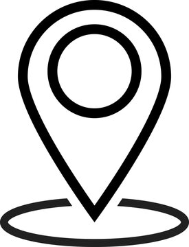 A simple black and white line art icon representing a map marker or location pin, perfect for navigation and travel themes