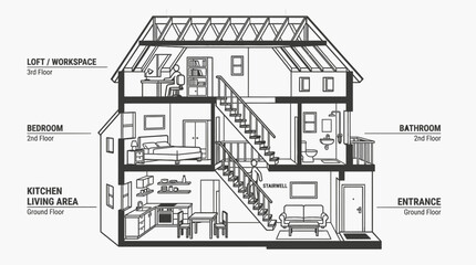 Naklejka premium Detailed Cross Section of a Two-Story House with Labeled Rooms and Floor Plans, isolated white background.