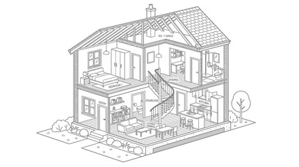 Fototapeta premium Isometric Cutaway View of a Modern House with Interior Rooms and Furniture Details, isolated white background.