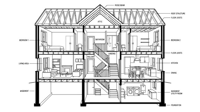 Complex Multi-Story House Cross Section with Detailed Interior, Attic, Basement, and Roof Structure, isolated white background.