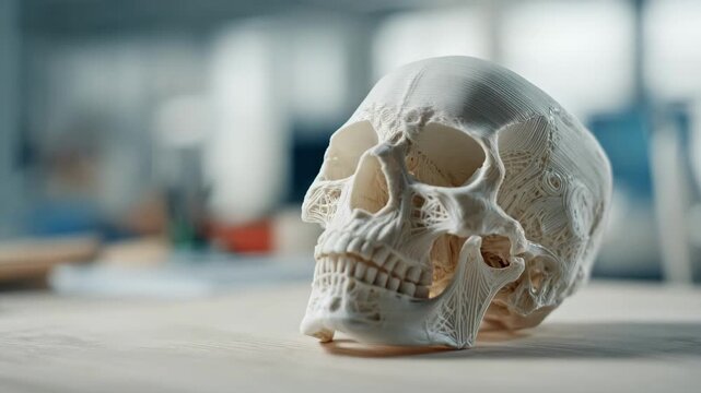 Focused medium shot of a cranial 3D printed model created from medical imaging resting on a workbench while the background remains softly out of focus.