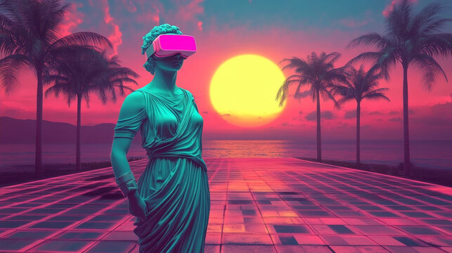 Classical Greek statue wearing modern virtual reality headset against a vibrant vaporwave tropical beach sunset background featuring palms and neon colors for futuristic digital concept