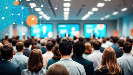 Fototapeta premium Business professionals attending digital technology conference in modern auditorium with futuristic screens and warm lighting