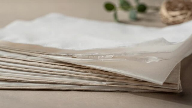 Medium shot of compostable biodegradable barriercoated paper emphasizing ecofriendly plantbased coating and sustainable packaging alternatives.