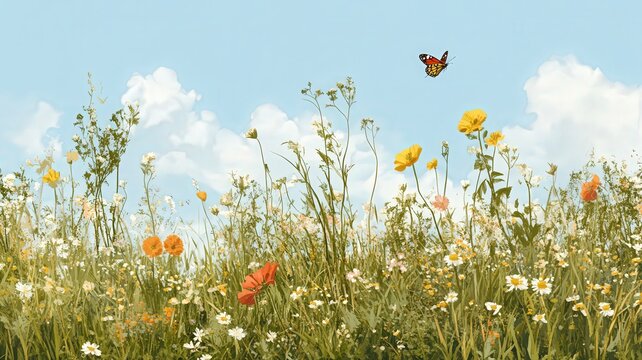 Colorful Wildflower Field With Monarch Butterfly Under Clear Blue Sky With Fluffy White Clouds