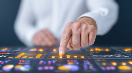 Naklejka premium Close up of executive hand interacting with digital data charts and graphs on futuristic transparent touchscreen, showing business analytics and technology innovation