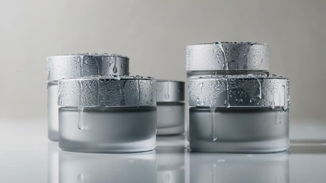 Medium frame focusing on cosmetic containers with advanced edgewicking resistant coating demonstrating moisture barrier properties and durability in a clean minimalist environment.