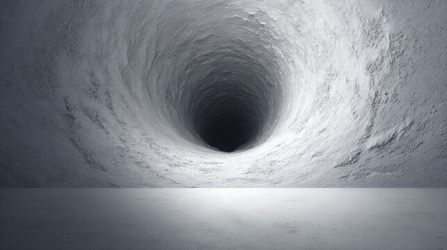Abstract tunnel with textured concrete walls leading into a deep dark void creating a mysterious perspective for futuristic architectural background design and conceptual art