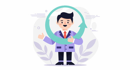 A happy man in a suit stands surrounded by a circular arrow, symbolizing growth and progress