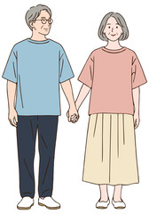 手をつないでいるシニアカップルのシンプルイラスト