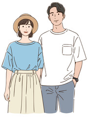 夏のカップルの上半身シンプルイラスト