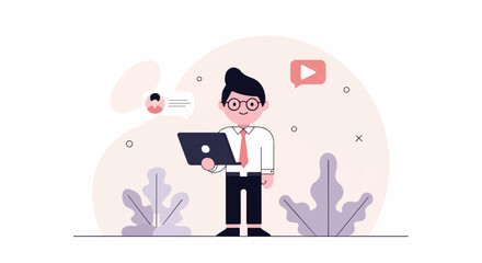 A smiling person in glasses holds a laptop amidst abstract shapes and plant-like forms, with communication icons