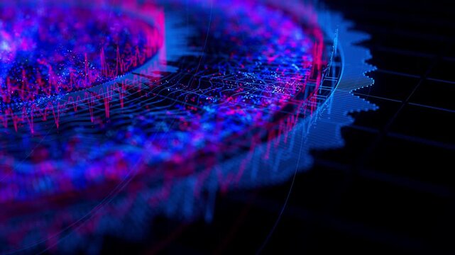 Close up of Big Data complex round graph animation. Quantum computing universe. Cyber space of AI technology. Futuristic graph. Digital information presentation.