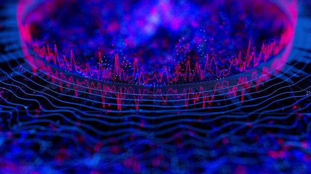 Close up of Big Data complex round graph animation. Quantum computing universe. Cyber space of AI technology. Futuristic graph. Digital information presentation.