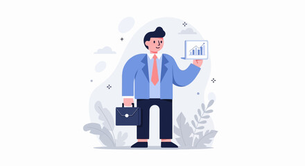 Man in a suit holding a laptop with financial chart