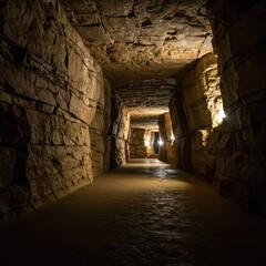 Obraz premium An enormous underground chamber with rugged limestone walls and detailed rock formations. The atmosphere is mysterious and damp ,tunnel ,passage ,cold