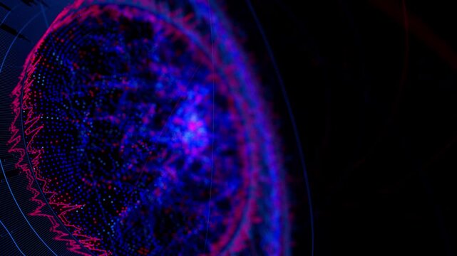 Close up of Big Data complex round graph animation. Quantum computing universe. Cyber space of AI technology. Futuristic graph. Digital information presentation.