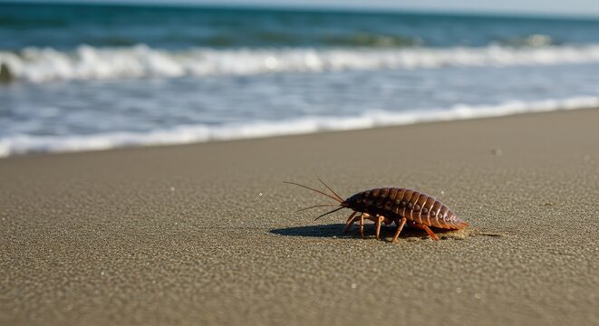 Ancient marine arthropod, often called a living fossil, resting motionless on the wet sandy shoreline as the tide recedes ,protective shell ,arthropod ,estuary
