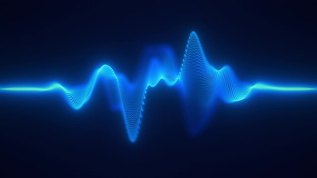 Audio blue waveform digital particle motion loop background. Abstract music dot waves equalizer. Futuristic point sound wave visualization. AI synthetic voice technology. Distorted dot frequencies.