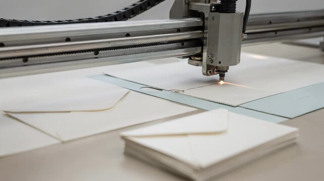 Medium shot of digital cutting equipment slicing envelope blanks from paper sheets with laser accuracy for small batch custom stationery production.