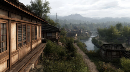 Fototapeta premium Traditional East Asian village nestled in a misty valley with a winding river and mountains