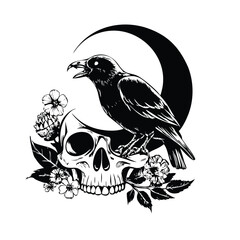 Obraz premium Crow Skull Moon T-shirt Design Tattoo Vector Illustration