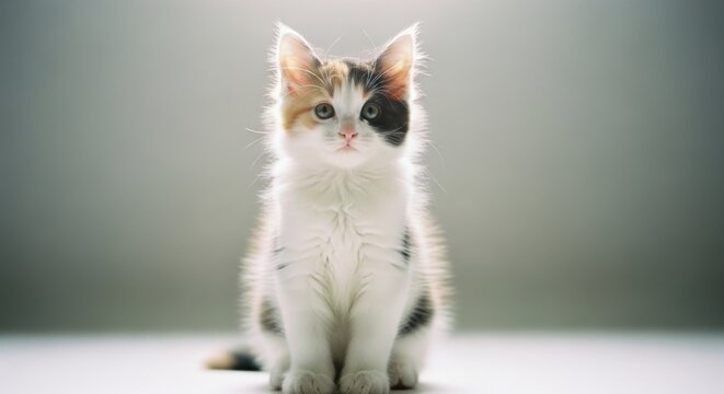 Calico kitten sitting, looking forward, centered, soft lighting, bright background