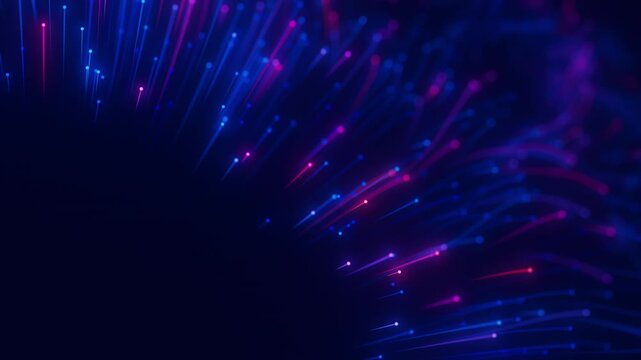 Closeup of Big data light speed flow outwards center. Abstract digital data stream of quantum computing. Cyberspace of qubit trail waves. Modern tech information transmission. Ai neural network