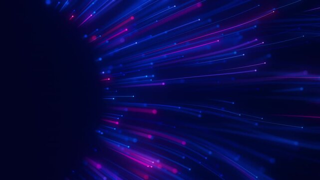 Closeup of Big data light speed flow outwards center. Abstract digital data stream of quantum computing. Cyberspace of qubit trail waves. Modern tech information transmission. Ai neural network