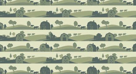 Seamless pattern of a peaceful rural farm landscape with barns and grazing cows. © Kental