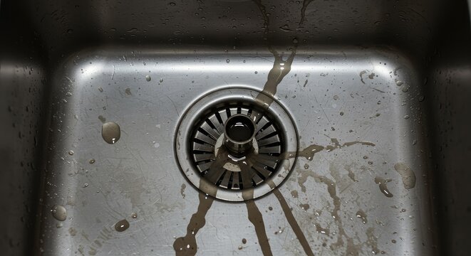 Dirty water slowly backing up in a stainless steel sink basin, indicating a serious plumbing blockage beneath the surface and requiring attention ,Blocked ,water ,sanitary