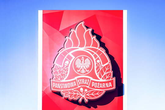 Grodzisk Wielkopolski, Poland - March 3, 2026. Polish State Fire Service ("Panstwowa Straz Pozarna") logo on a pylon.