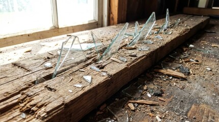 Obraz premium Sharp glass shards splintered and embedded in weathered wood on a damaged window sill