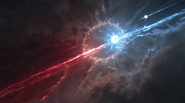 🪐 Tiny spacecraft sending final SOS signal near collapsing star, red and blue energy beams fading, hyper-realistic fine art, 