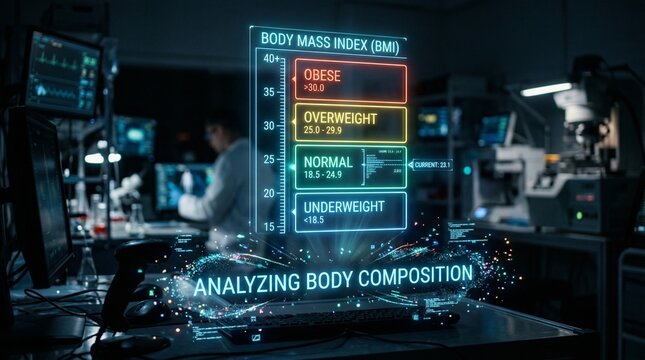 Futuristic Body Composition Analysis with BMI Hologram in a Science Lab