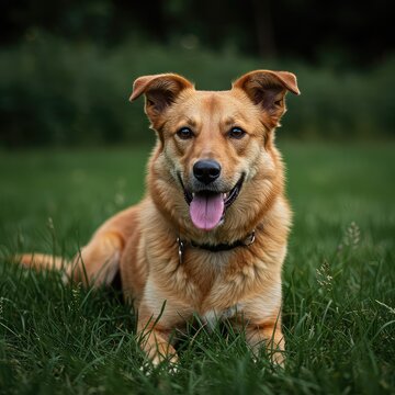 Happy mixed breed dog resting peacefully in tall grass. The unique canine displays resilience and diverse, complex genetic heritage ,heritage ,genetics ,loyal
