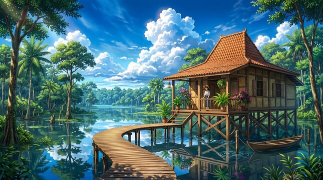 A picturesque traditional stilt house with a red roof stands over calm water, surrounded by lush tropical trees under a vibrant blue sky with white clouds, featuring a wooden walkway and a small boat.