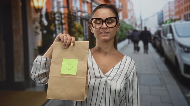 Woman holding brown paper bag with smile sticky note, showing manicured hand and glasses on a busy city street with parked cars; casual happiness.