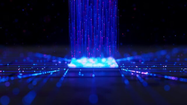 Artificial intelligence microchip, central data processing unit on circuit board. Quantum computing core with data flow into and logic operations. Futuristic technology neural network processor.