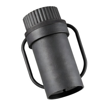 A sleek metallic cylindrical monocular with a carrying handle is dramatically showcased against a black background