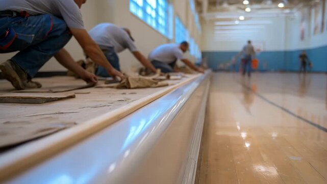 Closeup view of wall baffles being mounted along classroom walls focusing on the workers hands and tools while the rest of the room fades into soft focus.
