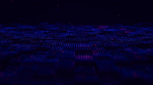Futuristic blue violet technology point wave motion with glowing data points. Digital AI cyberspace concept. Abstract digital wave with moving dots. Big data flow analysis animation.