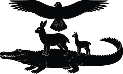 Black silhouette of a large eagle flying over a deer and llama standing on a crocodile back isolated on white background for creative design © MstRupali