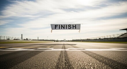 Finish line banner on racing track, sunny sky and distant structures visible