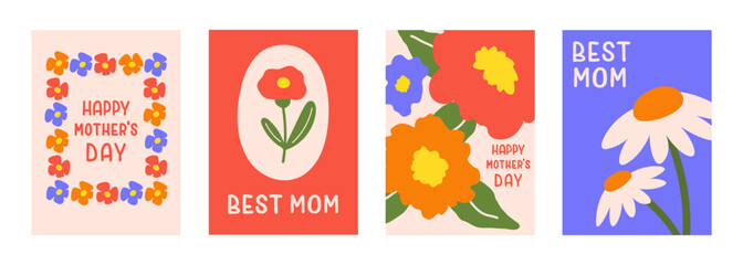 Floral set of cute hand drawn flowers. Mother's day posters. Botanical simple shapes design. Trendy design for cards, print, kitchen, branding, decoration
