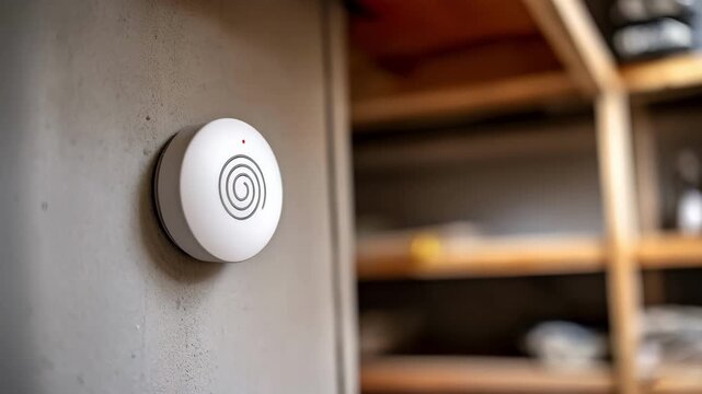 Focused shot of a differential pressure sensor fixed on a clean zone wall wireless connection visible background shelves slightly blurred for context.