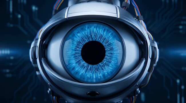 Close up shot of a robotic eye with intricate circuitry details visible